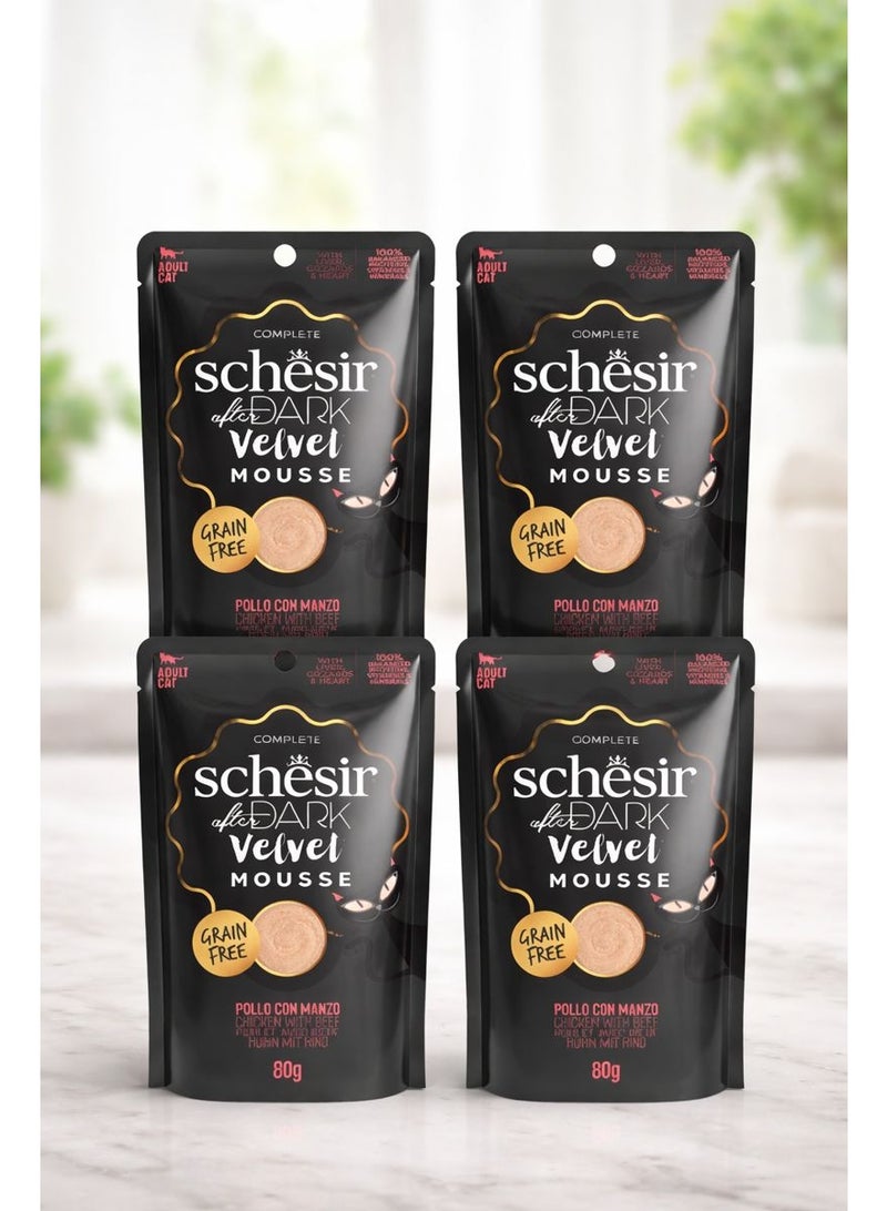 Schesir After Dark Velvet Mousse for Adult Cats – Chicken with Beef – Grain-Free High-Protein Formula – 320 g (4 x 80 g Pouches) - Image 1